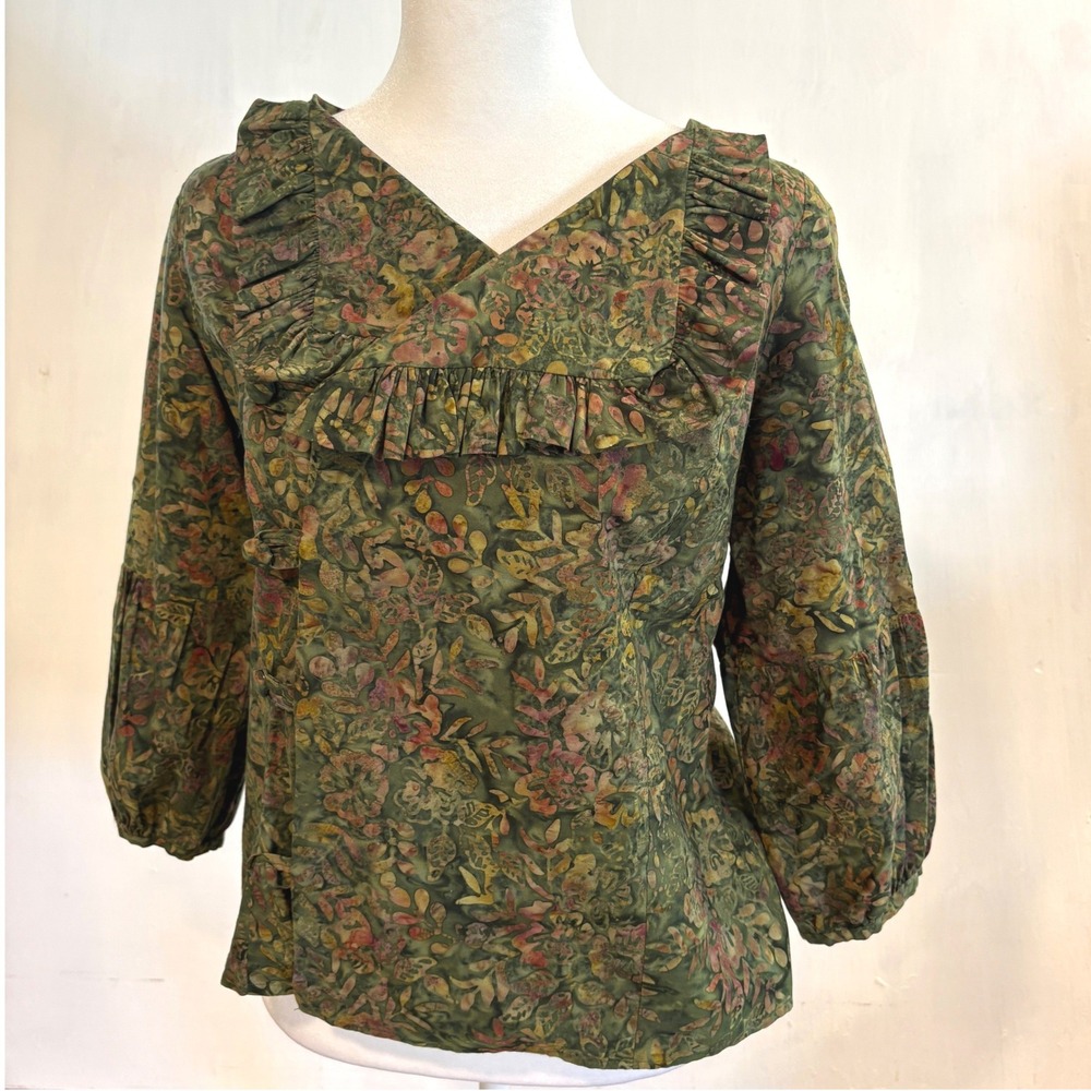 Handmade Batik Floral Ruffle V-Neck Top Olive Green Boho Puff Sleeve Blouse